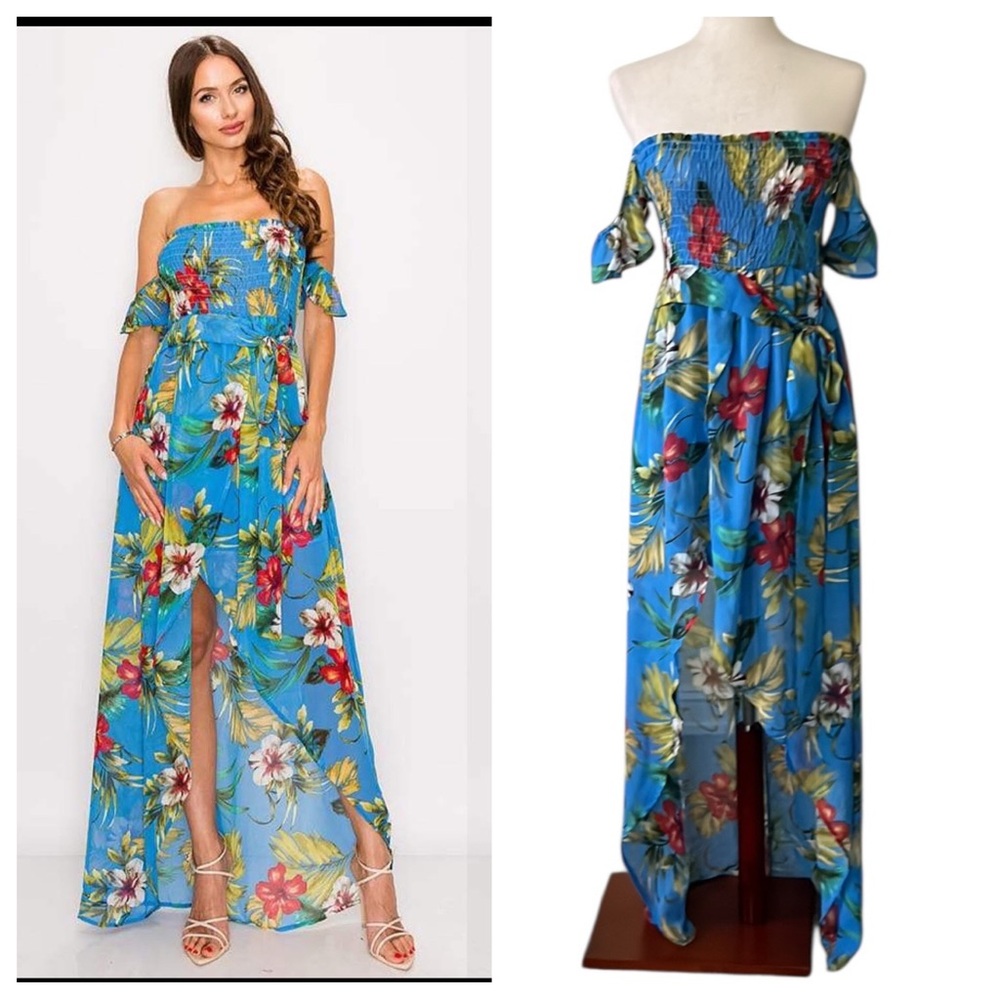 Privy Smocked High Low Off shoulder Floral Dress